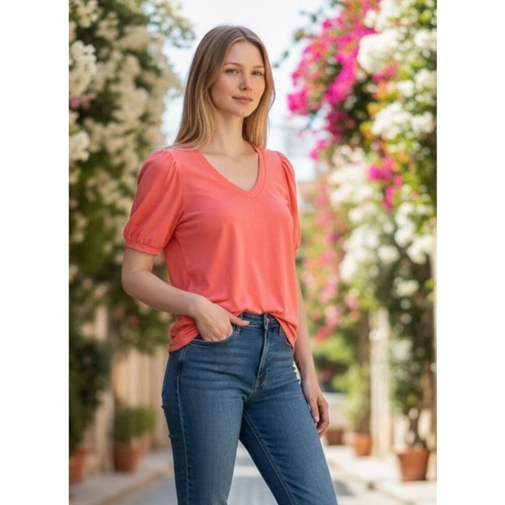 Bobi Los Angeles Puff Sleeve V-Neck Tee Cocktail Coral NWT Size Small